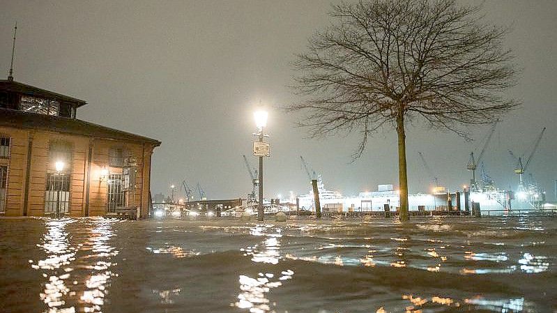 Der Fischmarkt mit der Fischauktionshalle steht erneut während des Hochwassers der Elbe unter Wasser. Foto: Daniel Bockwoldt/dpa