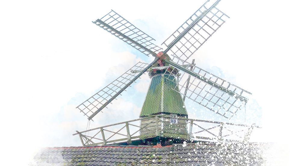 Die Mühle scheint auf einem Dach zu thronen. Foto: Vogt/Gestaltung: Will