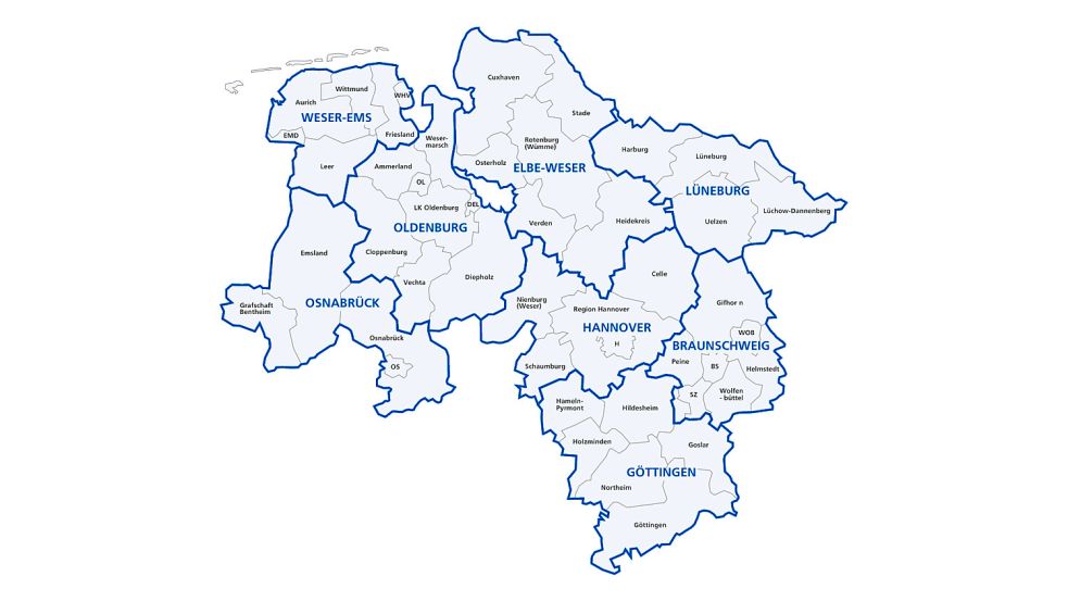 Die acht Versorgungsregionen in Niedersachsen. Kartengrafik: Gesundheitsministerium Niedersachsen