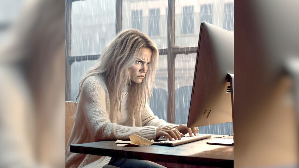 Wütend auf den Regen sind derzeit viele, wie diese KI-generierte Frau am Computer. Foto: KI