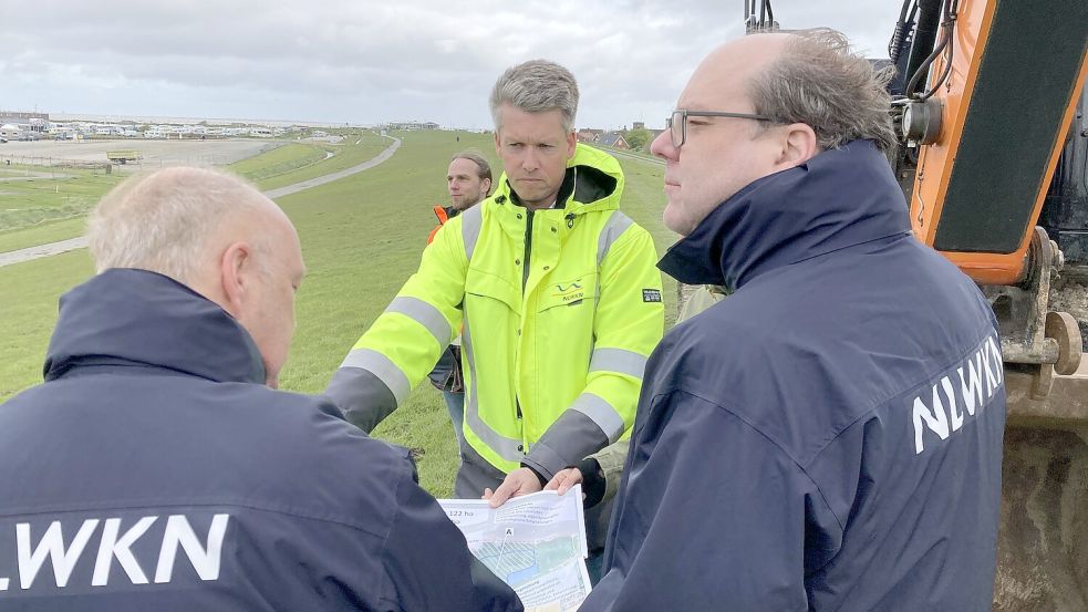 Niedersachsens Umweltminister Christian Meyer (Grüne, rechts) lässt sich die Deichbauarbeiten in Harlesiel von zwei NLWKN-Mitarbeitern erklären. Foto: Oltmanns
