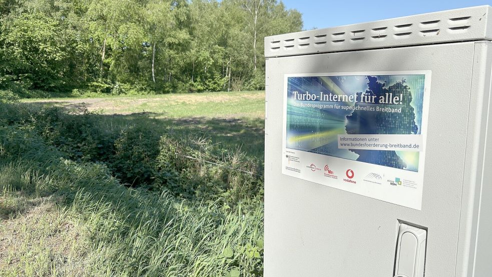 Der Anschlusskasten in Holtrop wirbt für „superschnelles Breitband“. Der Ausbau für Betroffene in Großefehn und Wiesmoor bewegt sich aufgrund bürokratischer Hürden und komplexer Aufgaben eher im Schneckentempo. Foto: Christin Wetzel