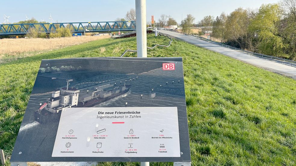 Die aktuelle Rampenanlage (rechts im Bild) der Deutschen Bahn für die Baustelle der Friesenbrücke bei Hilkenborg wird nach der Fertigstellung der Eisenbahnbrücke zurückgebaut. Die Gemeinde Westoverledingen wird eine neue, längere Rampe als Zuwegung für Radfahrer und Fußgänger bauen. Foto: Ammermann
