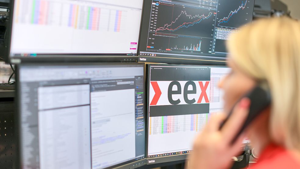 Eine Mitarbeiterin der Europäischen Energiebörse EEX in Leipzig arbeitet in der Marktsteuerung. Die EEX entwickelt, betreibt und vernetzt Märkte für den globalen Energiehandel. Foto: Woitas/dpa