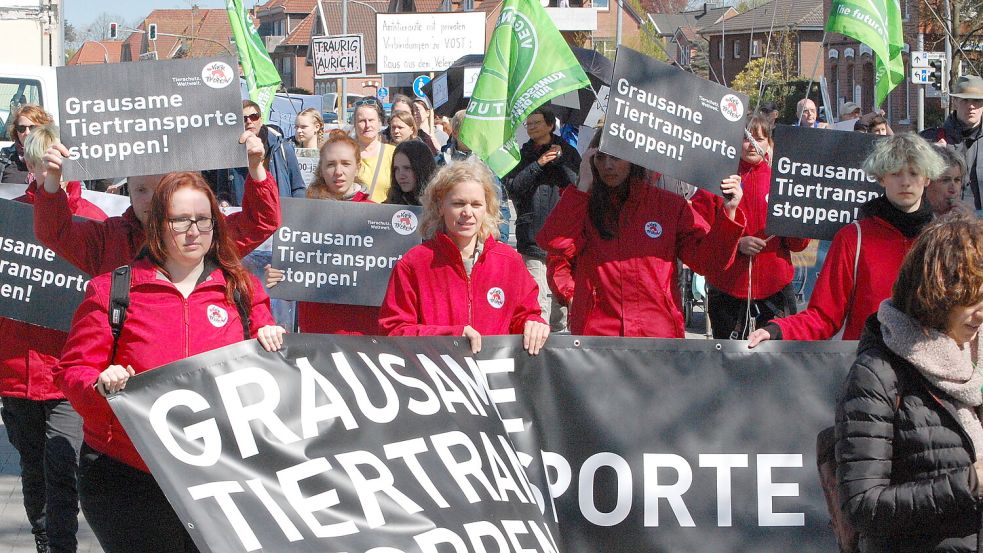 Rund 200 Menschen demonstrierten im April 2023 in der Auricher Innenstadt gegen Tiertransporte. Foto: Archiv/Luppen
