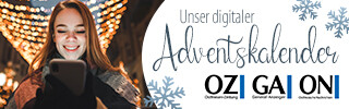 Banner mit junger Frau am Handy, beworben wird mit Bild und Text der digitale Adventskalender der Ostfriesen-Zeitung,
                     des General-Anzeigers und der Ostfriesischen Nachrichten.