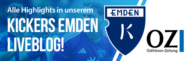 Banner mit Spielern von BSV Kickers Emden, Text zu Liveblog mit allen Toren und Highlights, Logos von BSV Kickers Emden und Ostfriesen-Zeitung, bewirbt Spiel am 07.08.2026 gegen den Hamburger SV U21.