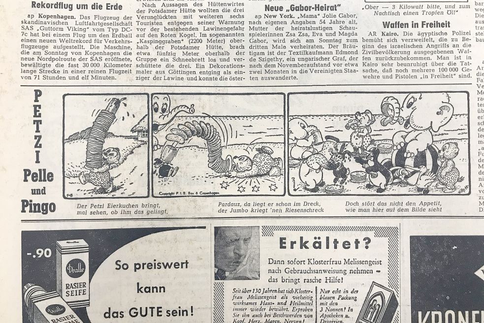So erschien „Petzi, Pelle und Pingo“ 1957 täglich in der Ostfriesen-Zeitung. Bild: Nording