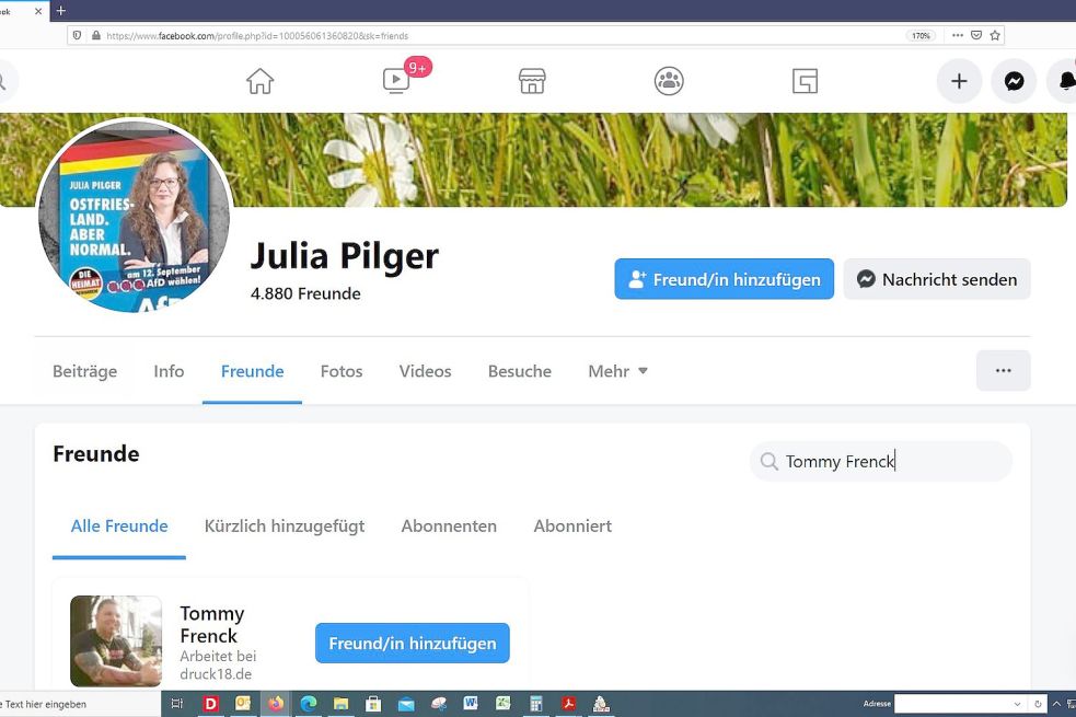 Auf Facebook befreundet: die ostfriesische AfD-Kreisgeschäftsführerin Julia Pilger und die Thüringer Neonazi-Größe Tommy Frenck. Screenshot: OZ