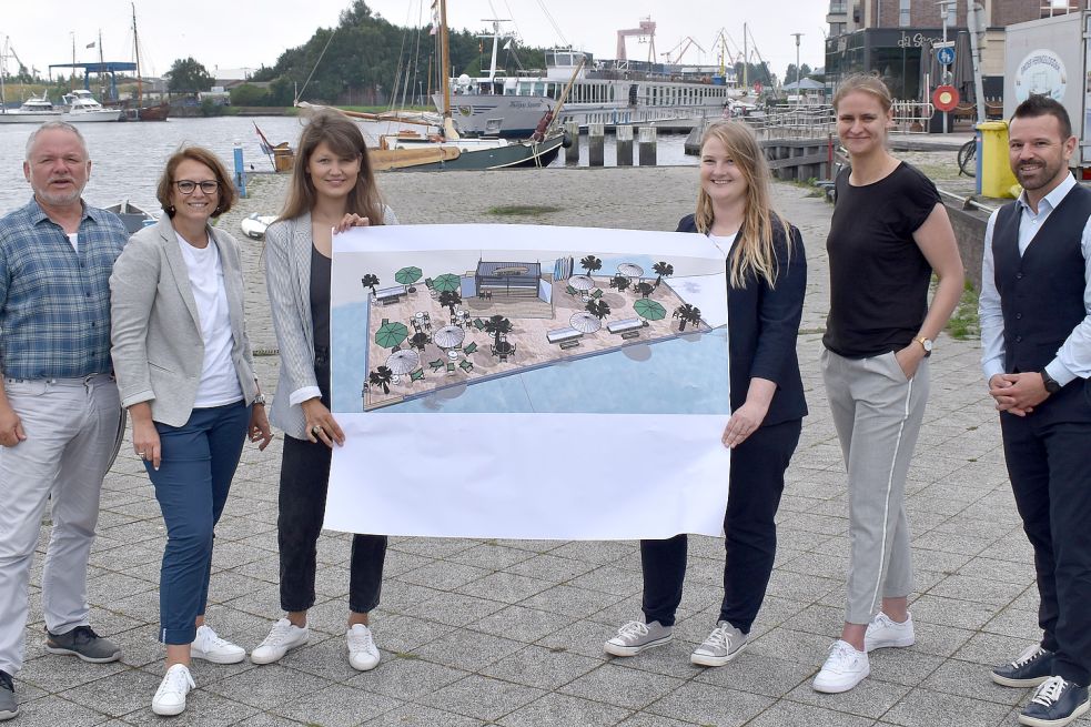 Rainer Gerdes (von links), Corina Habben, Imke Haßheider, Johanna Voss, Martje Merten und Stefan Klaassen stellten das Projekt „Delftstrand“ vor. Sie standen auf der Fläche, die in den kommenden Tagen mit Sand befüllt werden soll. Fotos: Hanssen