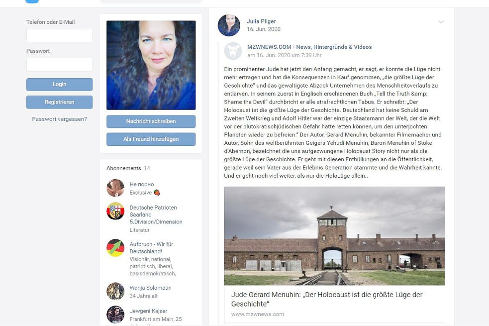 Dieser Beitrag, in dem der Holocaust geleugnet wird, ist weiterhin auf der VK-Seite der zurückgetretenen AfD-Kreisschatzmeisterin Julia Pilger für die Öffentlichkeit einsehbar. Screenshot: OZ