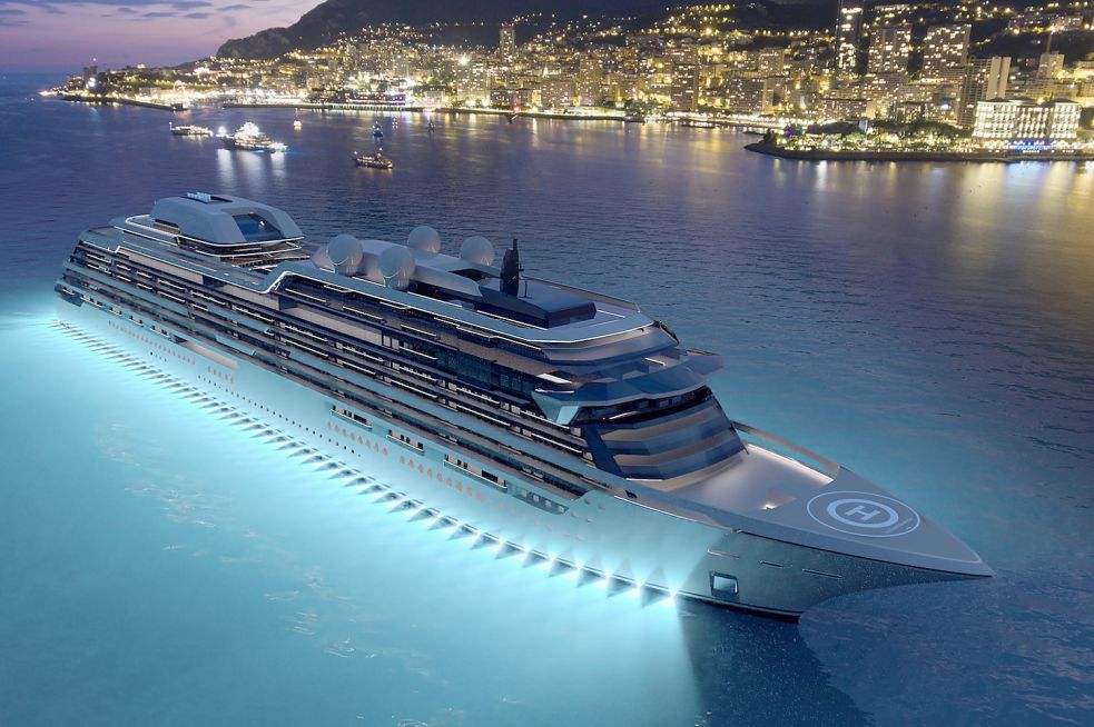 So soll die M/Y „Njord“ aussehen. Entwurf: Meyer-Werft/Ocean Residences Development