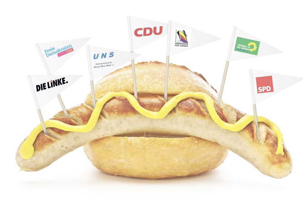 Für die Emder Parteien und Wählergemeinschaften geht es im Kommunalwahlkampf um die Wurst – auch um die Bratwurst. Montage: K. Schüür