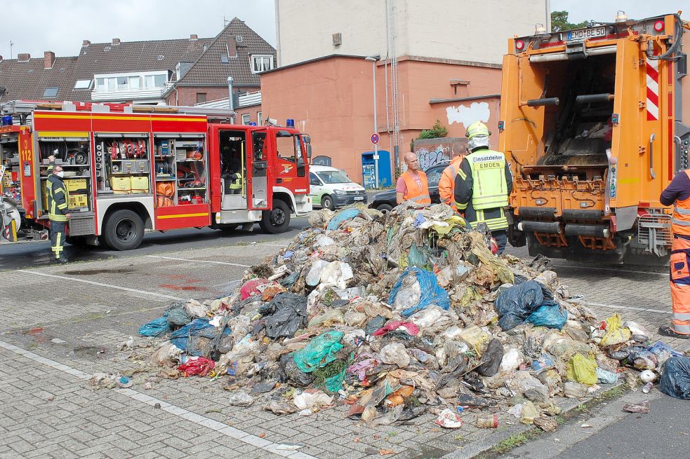Die Besatzung des Müllwagens reagierte schnell: Sie kippte die qualmenden Abfälle auf dem Parkplatz am Bentinkshof ab. Foto: H. Müller