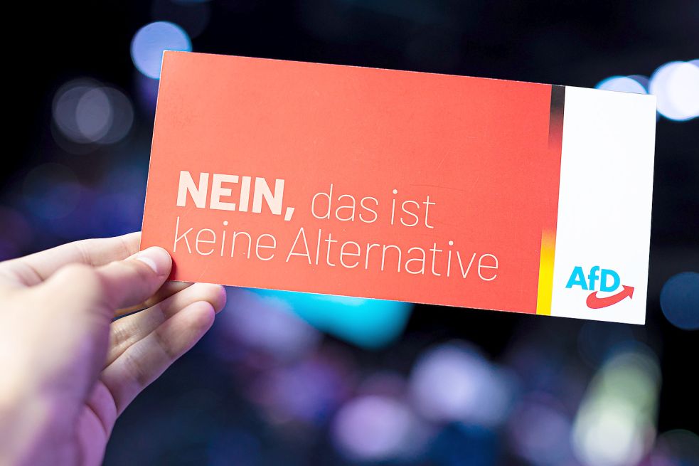 Eine Hand hält auf einem Sonderparteitag der AfD Niedersachsen eine Abstimmkarte mit der Aufschrift «Nein, das ist keine Alternative». Foto: Frankenberg/dpa
