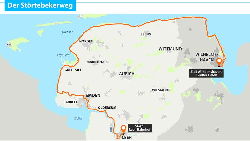 Der Störtebeker- Wanderweg führt von Leer über Emden an der Küste entlang bis nach Wilhelmshaven. Grafik: K. Schüür