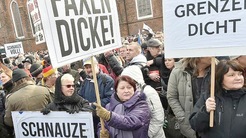 „Grenzen dicht“, „Schnauze voll“ und „Faxen dicke“: Menschen in Deutschland demonstrieren gegen die Aufnahme von Flüchtlingen. Foto: Bernd Settnik/dpa-Zentralbild/dpa