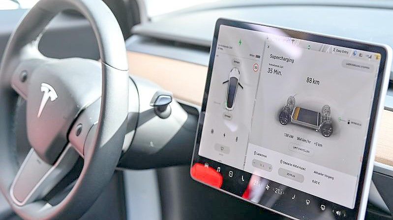 Auf einem Display im Cockpit eines Tesla ist das Ladeprogramm zu sehen. Foto: Jens Kalaene/dpa-Zentralbild/dpa
