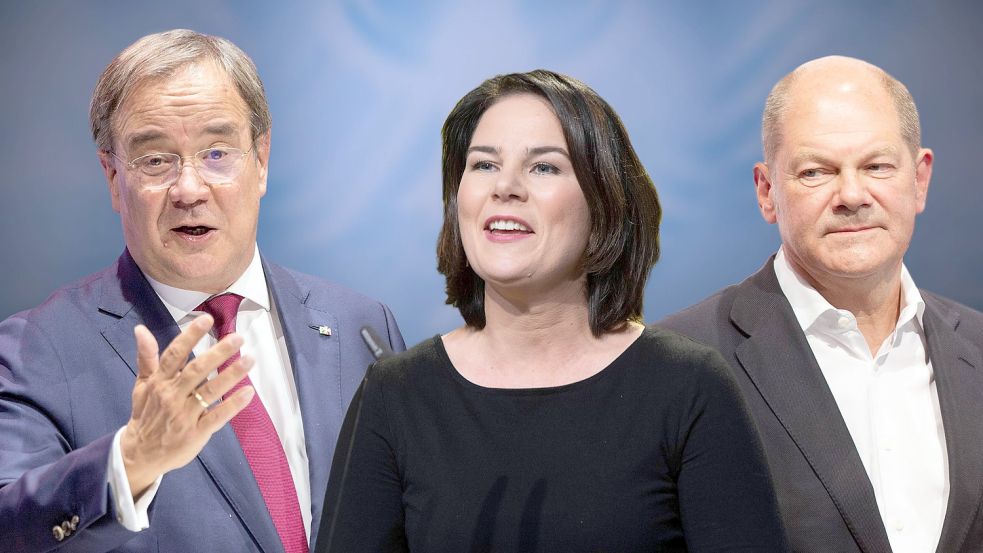 Die drei Kanzlerkandidaten: Armin Laschet (CDU, links), Annalena Baerbock (Grüne) und Olaf Scholz (SPD) liefern sich zur Bundestagswahl 2021 ein spannendes Rennen. Foto: Ossowski/Simon/Imago Images