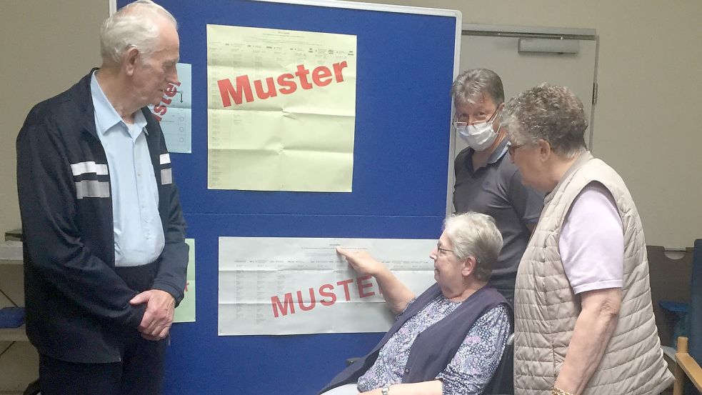 Im Altenzentrum Rheiderland in Weener hängen die Wahlzettel für die verschiedenen anstehenden Wahlen aus, damit sich die Bewohner – hier Johann Haken (von links), Christa Gossel und Lene Nagel, hinten rechts steht Geschäftsführer Andreas Cramer – schon einmal Gedanken machen können. Foto: Mielcarek