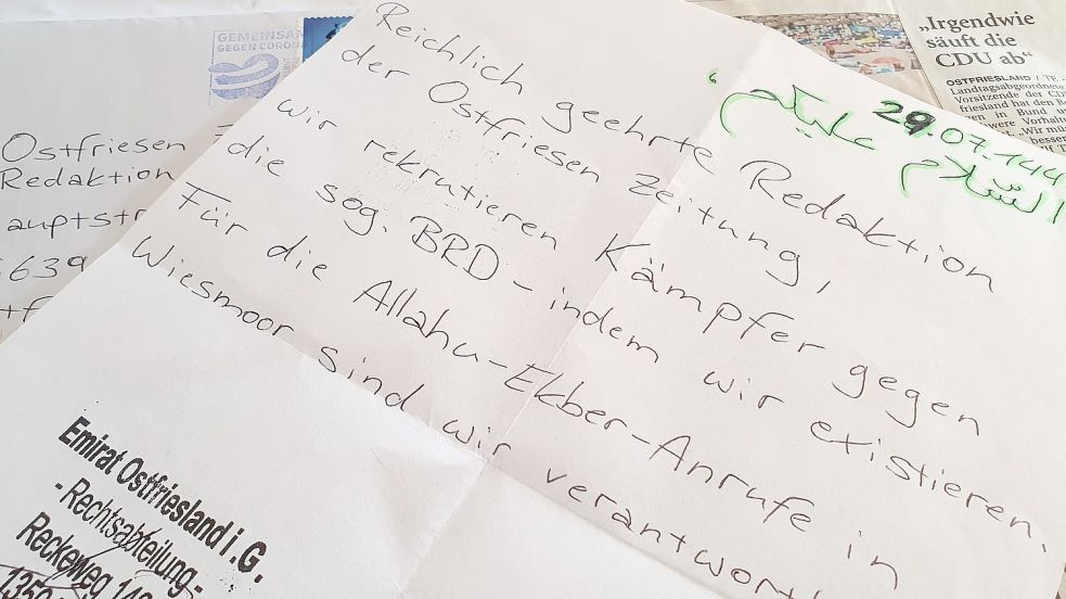 Diesen Brief hatte der selbst ernannte Vertreter des „Emirats Ostfriesland“ im Frühjahr an unsere Wiesmoorer Redaktion geschickt. Archivbild: Heimann