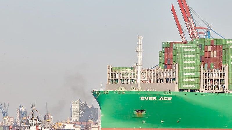 Die „Ever Ace“ wird auf der Elbe von Schleppern in den Hamburger Hafen gelotst. Foto: Georg Wendt/dpa