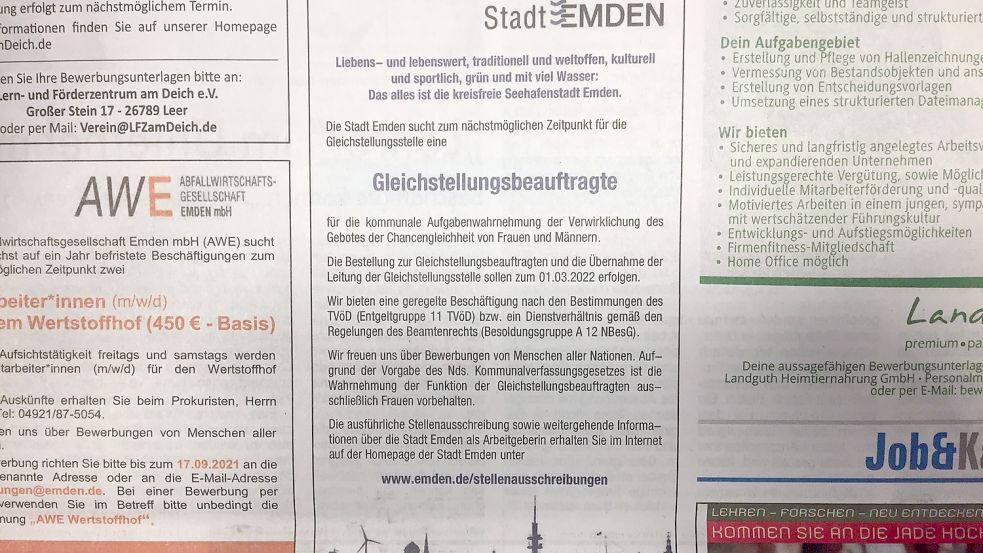 Nur für Frauen: Die Stadt Emden sucht per Stellenanzeige ausschließlich eine weibliche Gleichstellungsbeauftragte. Foto: Päschel