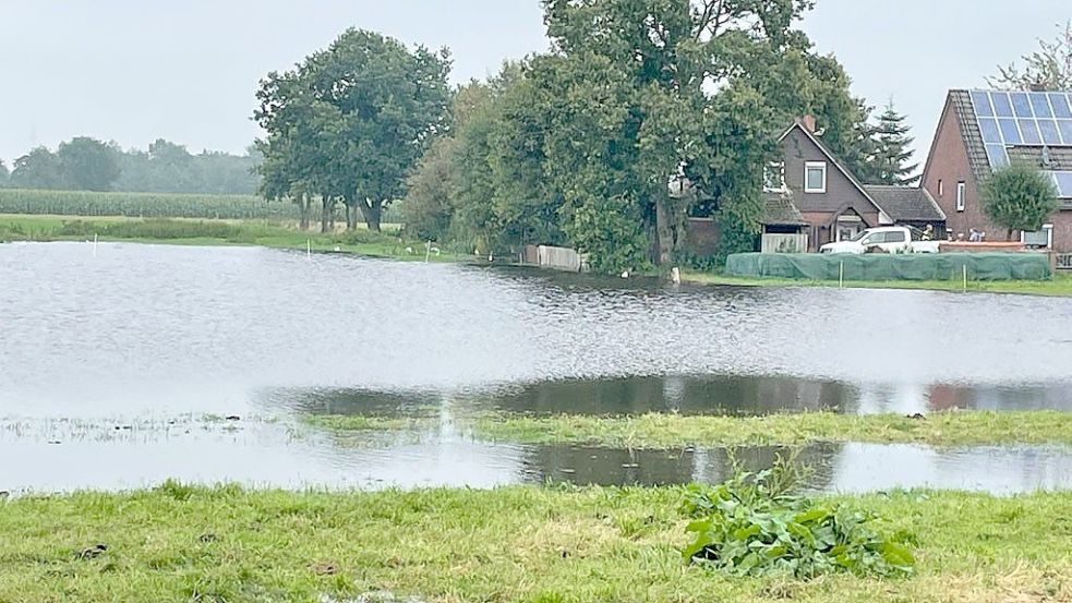 Über den Graben konnte das Wasser nicht mehr abfließen. Es staute sich auf einem Weidestück neben dem Haus. Foto: Wurpts