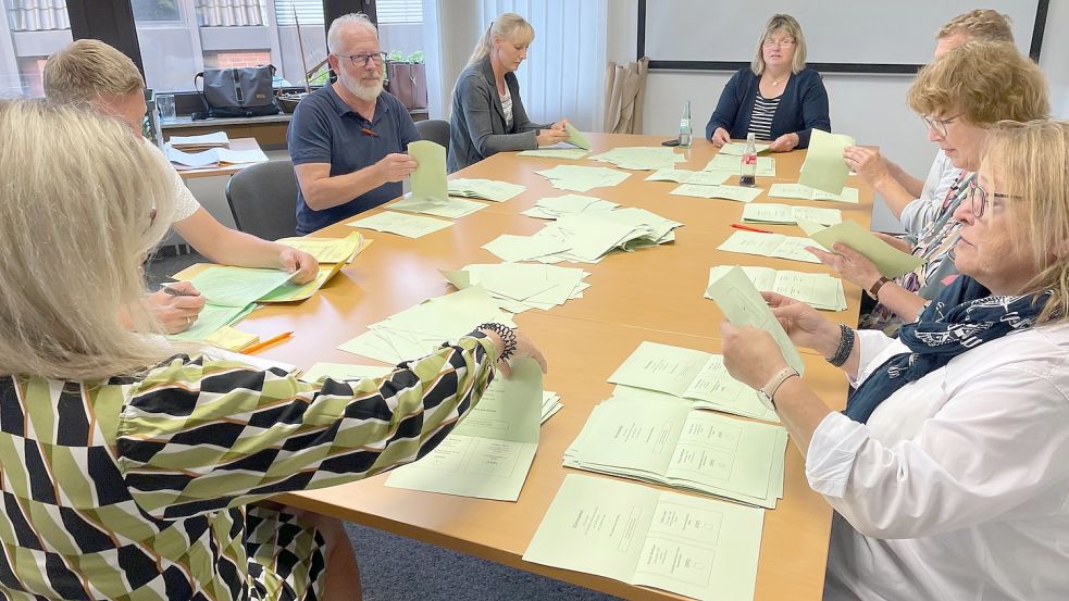 7794 gültige Stimmzettel (und 131 ungültige) wurden in Rhauderfehn für die Gemeinderatswahl abgegeben. Die Wahlvorstände hatten mit dem Auszählen gut zu tun. Foto: Janßen