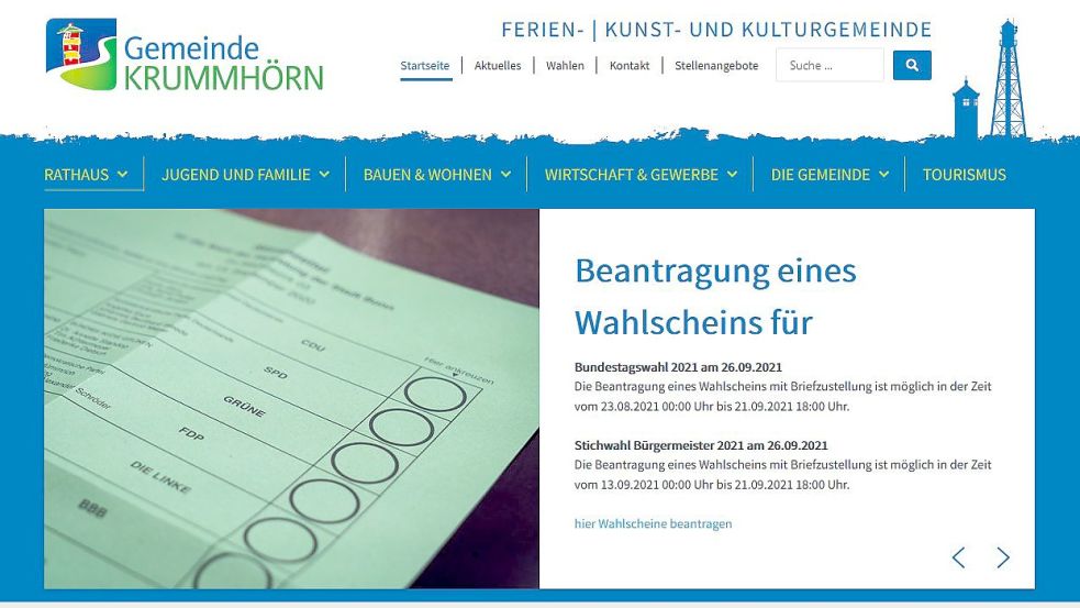 Am Freitag konnte man bei der Gemeinde Krummhörn einen Wahlschein für die Bundestagswahl und eine nicht stattfindende Stichwahl beantragen. Screenshot: Gemeinde Krummhörn