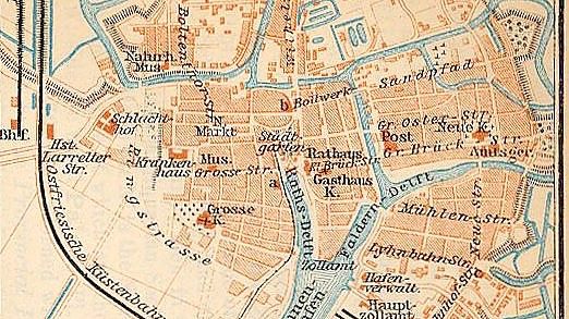 Vor der Jahrhundertwende waren die Wasserverläufe noch deutlich anders gewesen als heute. Wasser floss unter anderem vom Falderndelft zum Alten Graben beziehungsweise Stadtgraben. Quelle: Landkartenindex