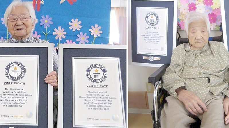 Die Schwestern Umeno Sumiyama (l) und Koume Kodama leben in verschiedenen Pflegeheimen auf der Insel Shodoshima und in der Präfektur Oita. Foto: Guinness World Records/AP/dpa