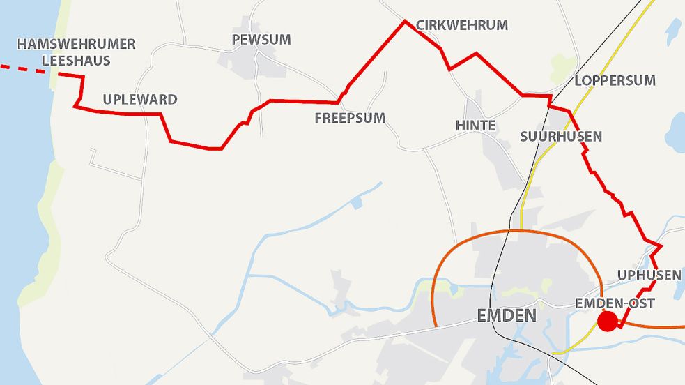 Dolwin epsilon befindet sich bei Borkum (Koordinaten 54° 4‘ 4.41“N 6° 10‘ 18.76“E). Dort beginnt das Kabel, für das derzeit auch in der Krummhörn und in Hinte gebohrt wird. Auf der anderen Seite führt die Trasse bis zum Umspannwerk Emden/Ost. Dort geht es laut Tennet ins bereits bestehende Stromnetz. Grafik: Kreativgruppe/Fischer