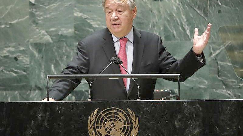 Der Generalsekretär der Vereinten Nationen, António Guterres, spricht während 76. Generaldebatte der UN-Vollversammlung. Foto: Eduardo Munoz/Pool Reuters/AP/dpa