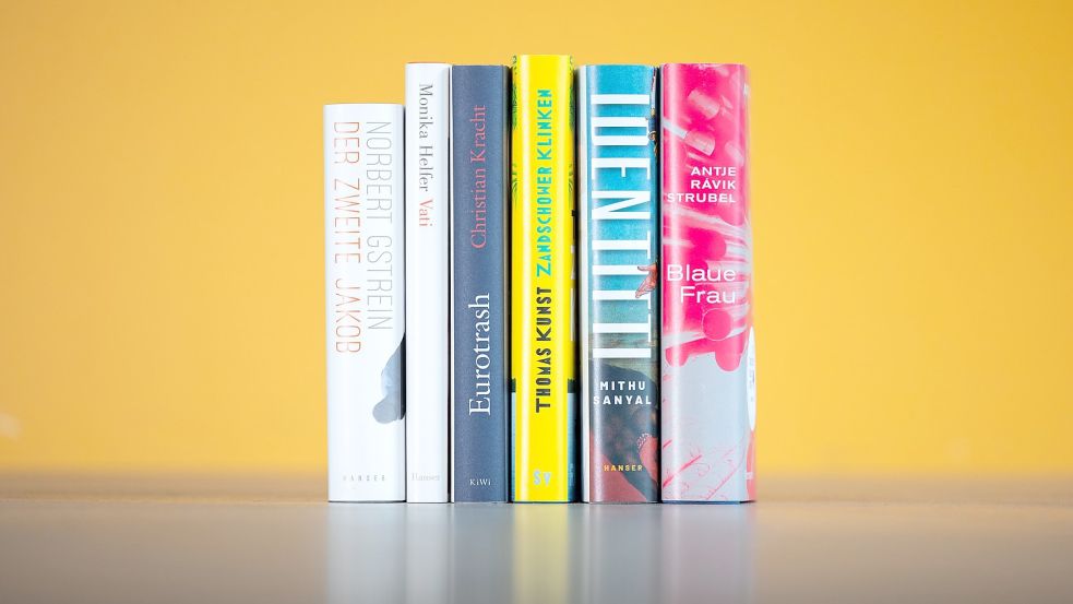 Cover der Bücher, die auf der Shortlist für den Deutschen Buchpreis 2021 stehen: Norbert Gstrein (l-r): Der zweite Jakob; Monika Helfer: Vati; Christian Kracht: Eurotrash; Thomas Kunst: Zandschower Klinken; Mithu Sanyal: Identitti; Antje Rávik Strubel: Blaue Frau. Foto: vntr.media/dpa
