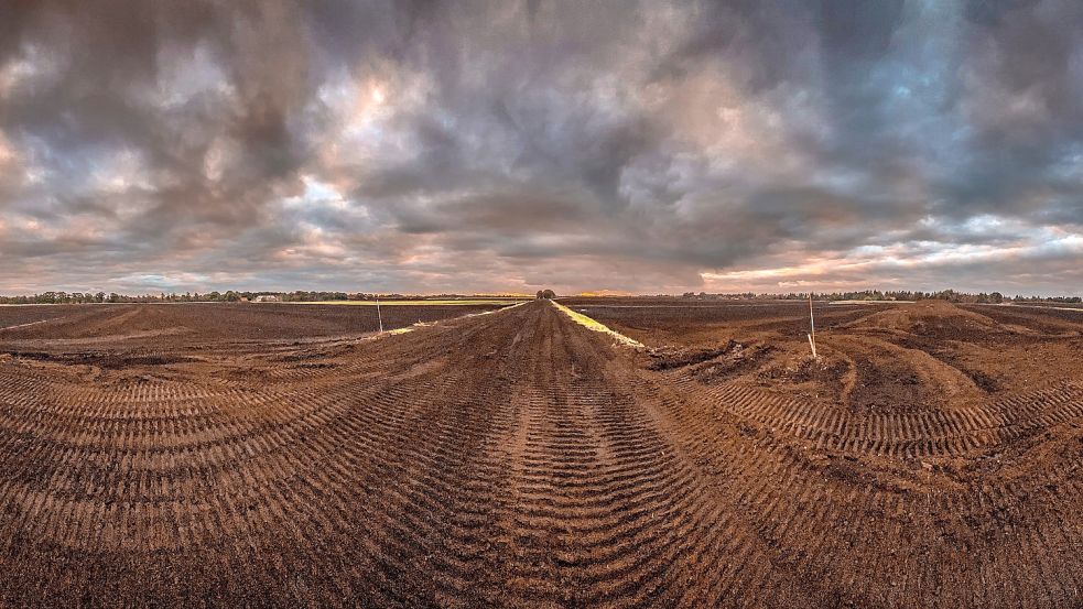 Ein Panoramablick über den Grünen Weg und die braune Wüste der aktuellen Torfabbauflächen dort. Weil diese in etwa drei Jahren abgetorft sind, sollen in der Nachbarschaft neue Flächen abgebaut werden. Foto: Cordsen