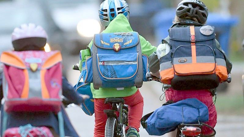 Kinder sind auf einer Straße mit dem Fahrrad unterwegs zur Schule. (Archivbild). Foto: Ralf Hirschberger/dpa-Zentralbild/dpa