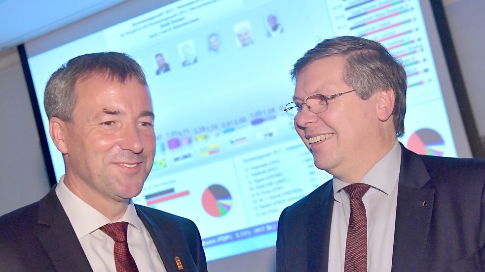 Johann Saathoff (SPD, links) gewann bei der Bundestagswahl 2017 den Wahlkreis Aurich-Emden souverän. Reinhard Hegewald (CDU) musste sich mit dem zweiten Platz begnügen. Fotos: Ortgies