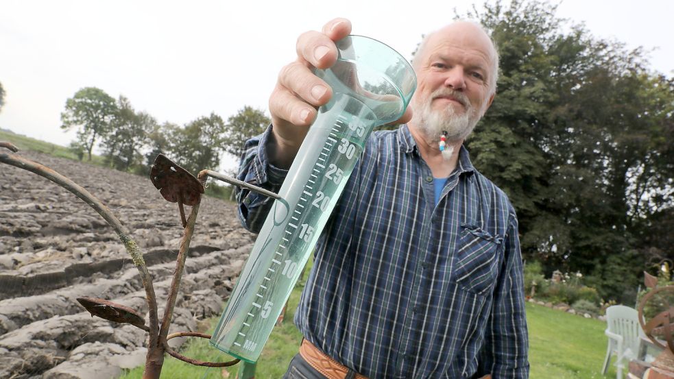 Cordt Bauer interessiert sich dafür, wie viel vom Himmel fällt. Seit 30 Jahren protokolliert er den Niederschlag in seinem eigenen Garten. Foto: Hock