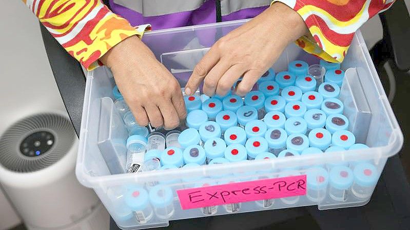 Eine Mitarbeiterin sortiert noch unbenutzte Behälter für einen PCR-Gurgeltest in einem Testcenter für Corona-Schnelltests (Antigentest) und Corona-PCR-Tests. Foto: Christian Charisius/dpa
