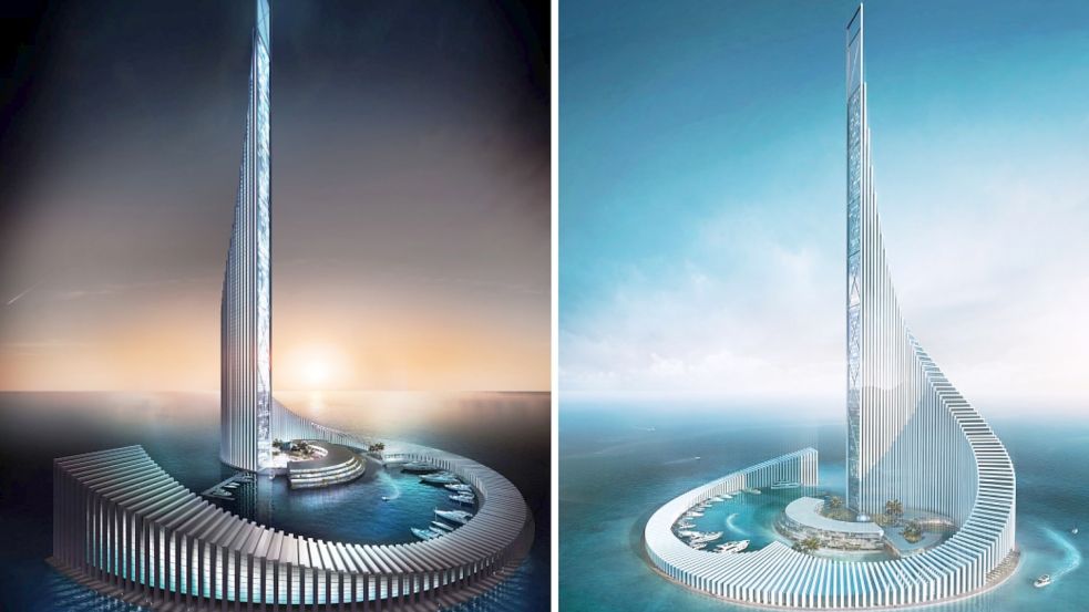 Noch Fiktion: Der „Domino Tower“ soll auf einer künstlichen Insel vor Sansibar im Indischen Ozean schon bald gebaut werden. Foto: xCassia