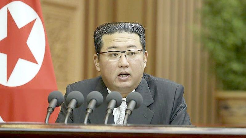 Auf diesem von der nordkoreanischen Regierung zur Verfügung gestellten Foto spricht Machthaber Kim Jong Un bei einer Parlamentssitzung in Pjöngjang. Der Inhalt dieses Bildes kann nicht unabhängig überprüft werden. Foto: Uncredited/KCNA via KNS via AP/dpa