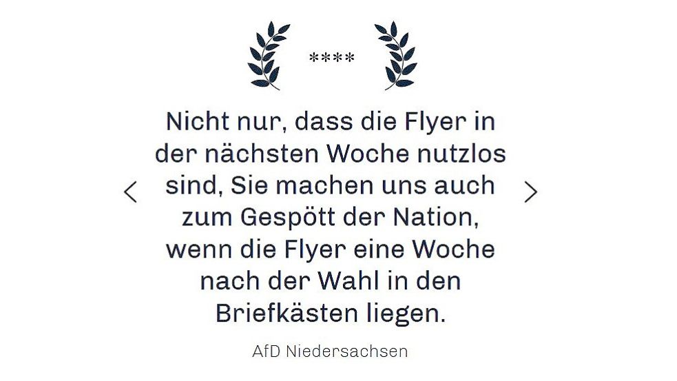 Kunden-Rückmeldung der Landes-AfD an den Flyerservice Hahn. Screenshot: OZ
