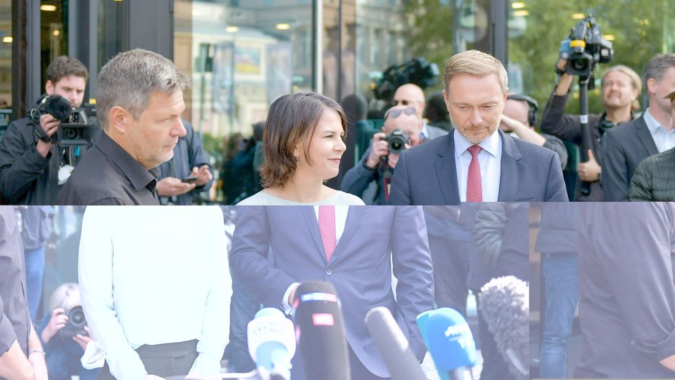 Robert Habeck, Annalena Baerbock und Christian Lindner nach den ersten Gesprächen zwischen ihren Parteien am 1. Oktober. Foto: imago images/Fotostand