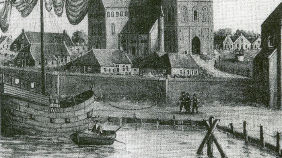 Marienhafe lag einst am Wasser: So wie auf der historisierenden Darstellung könnte es um 1400 dort ausgesehen haben. Foto: Museum für Hamburgische Geschichte