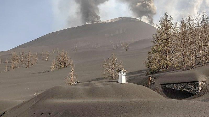 Ein Haus ist mit der Asche des Vulkans in Las Manchas auf der Kanareninsel La Palma bedeckt. Foto: Saul Santos/AP/dpa