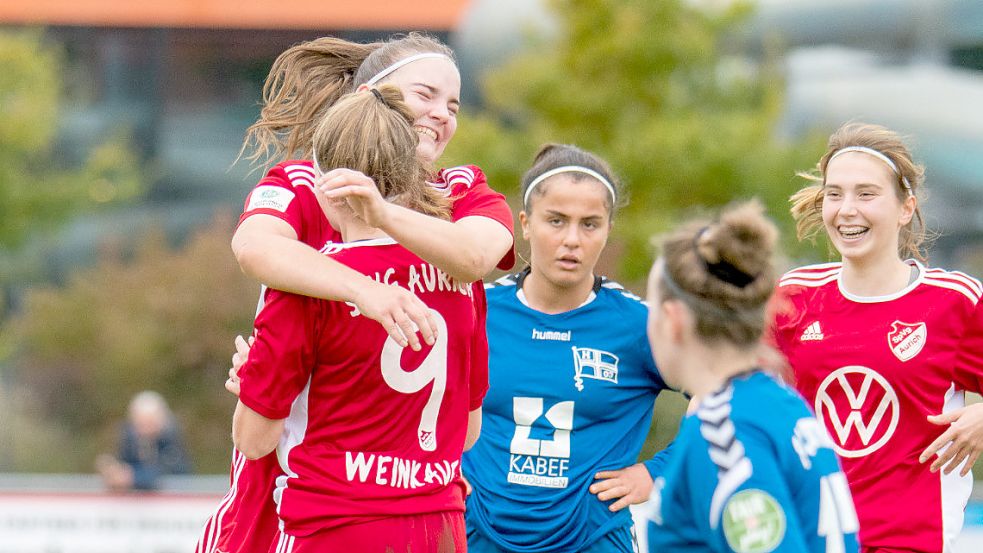 Emily Reens (links) und Lizzy Weinkauf feiern einen Auricher Treffer. Foto: Privat