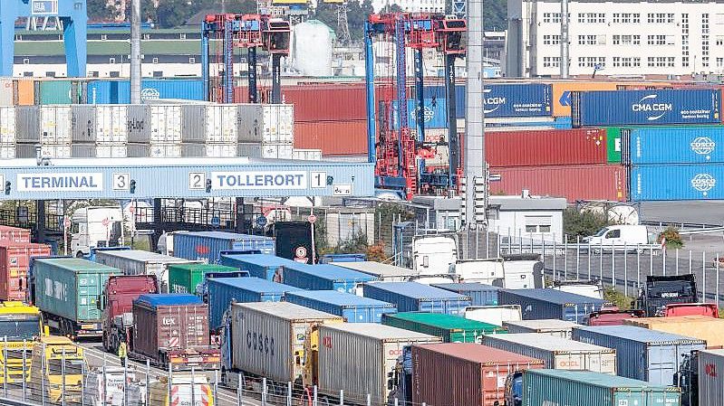Container am Hamburger Hafen: Es wird damit gerchnet, dass vor allem in der Chemie- und der Autoindustrie die Exporte langsamer wachsen als erhofft. Foto: Markus Scholz/dpa/Symbolbild