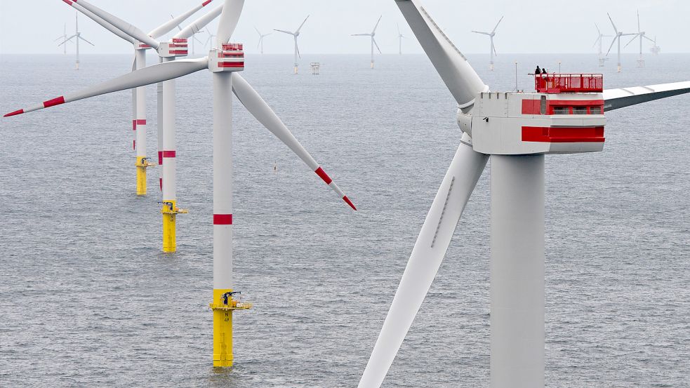 Techniker sind auf einer Generatorgondel eines Windkraftrades des Offshore-Windparks „Nordsee 1“ vor Spiekeroog mit der Inbetriebnahme beschäftigt. Foto: Wagner/dpa/Archiv