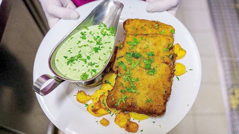 Ein veganes "Frankfurter Schnitzel" mit veganer "Grüner Soße". Das Eichkatzerl, eines der ältesten Apfelweinlokale in Sachsenhausen, bietet das Frankfurter Schnitzel als vegane Variante an. Foto: Andreas Arnold/dpa